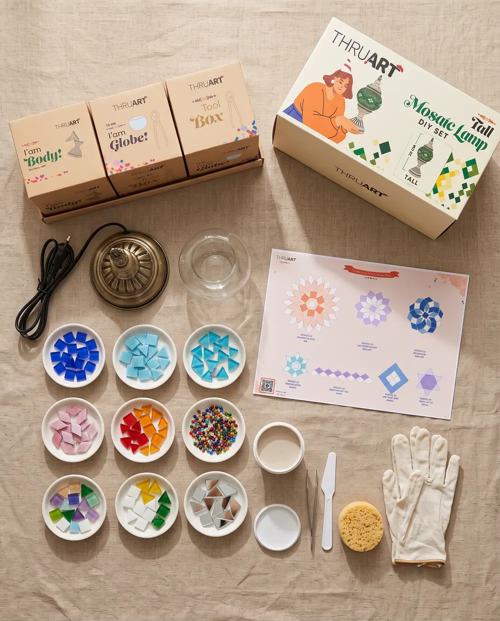 Everything in the ThruArt mosaic lamp kit, laid out