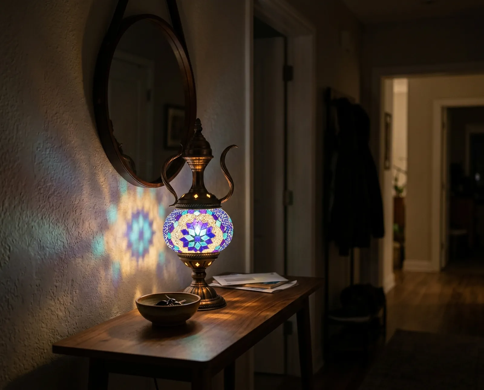 Aladdin Mosaic Lamp in Blue Sky, by the front door