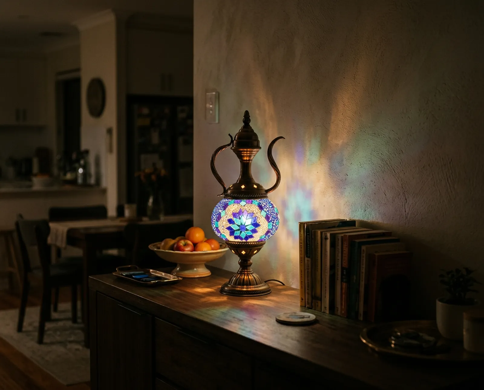 Aladdin Mosaic Lamp in Blue Sky, on the sideboard