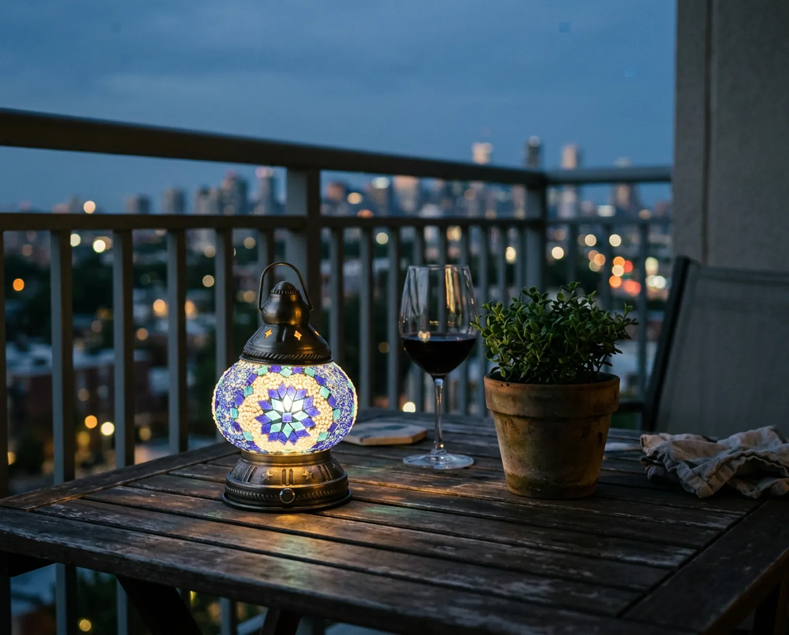 Rechargeable Camping Lamp in Blue Sky, on the balcony