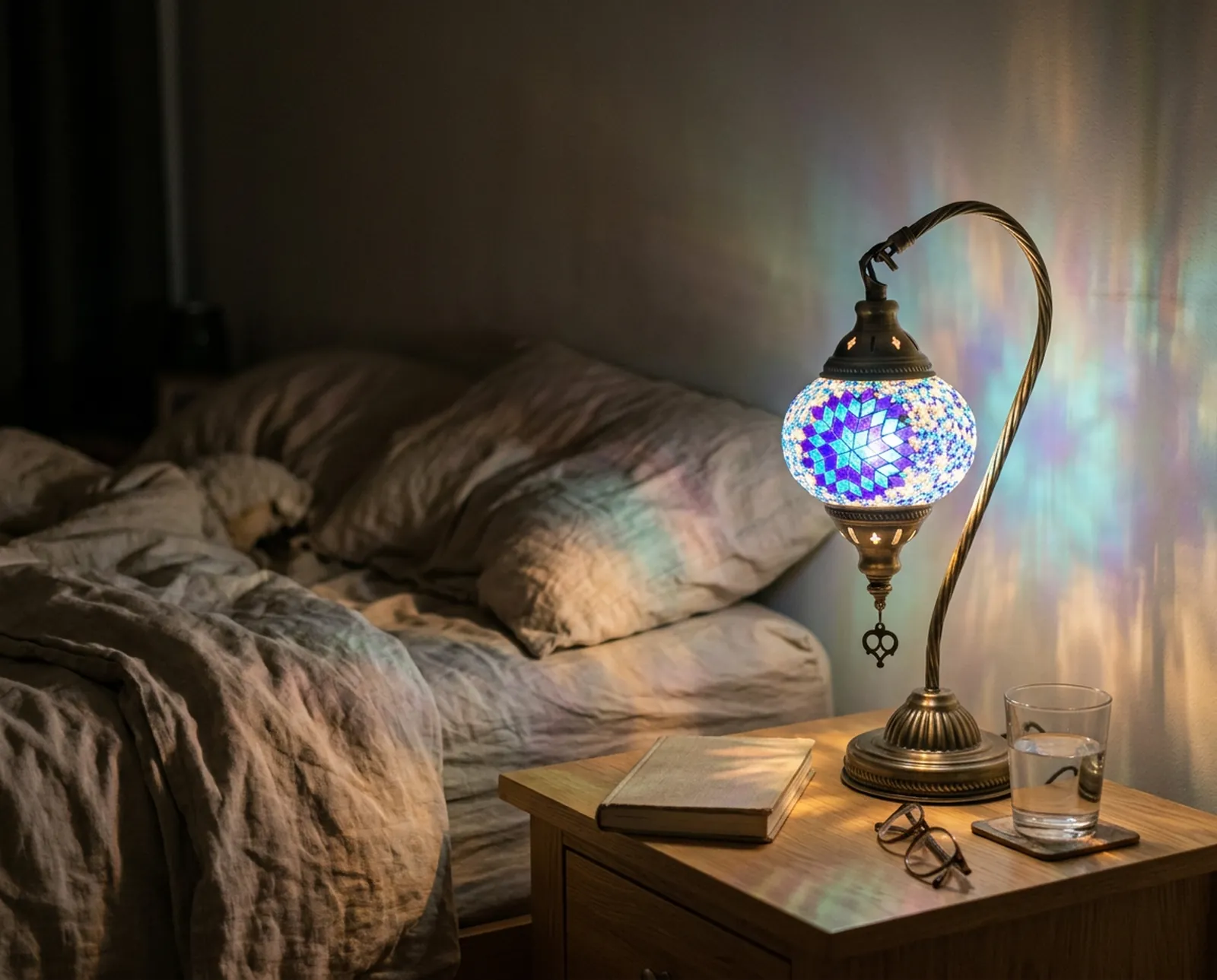 Small Swan Mosaic Lamp in Azure, bedside