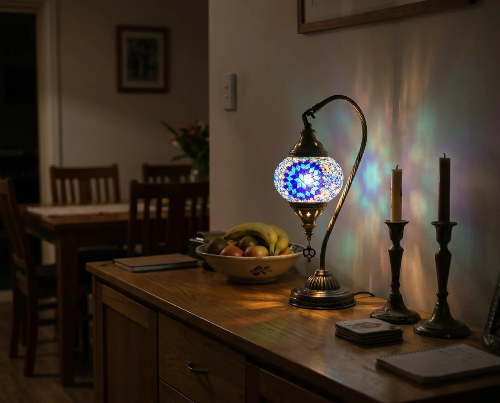 Small Swan Mosaic Lamp in Azure, on the sideboard