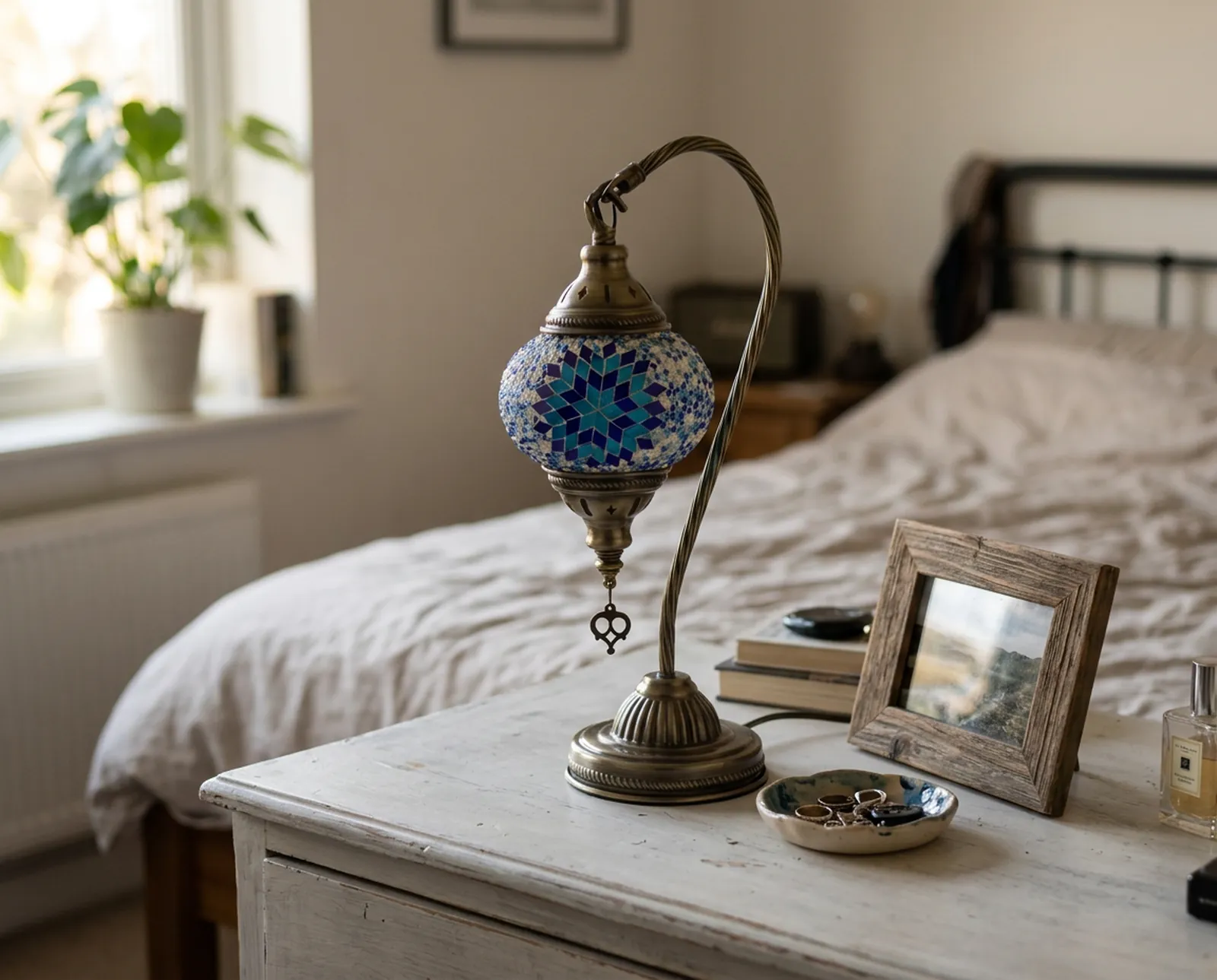 Small Swan Mosaic Lamp in Azure, on the dresser