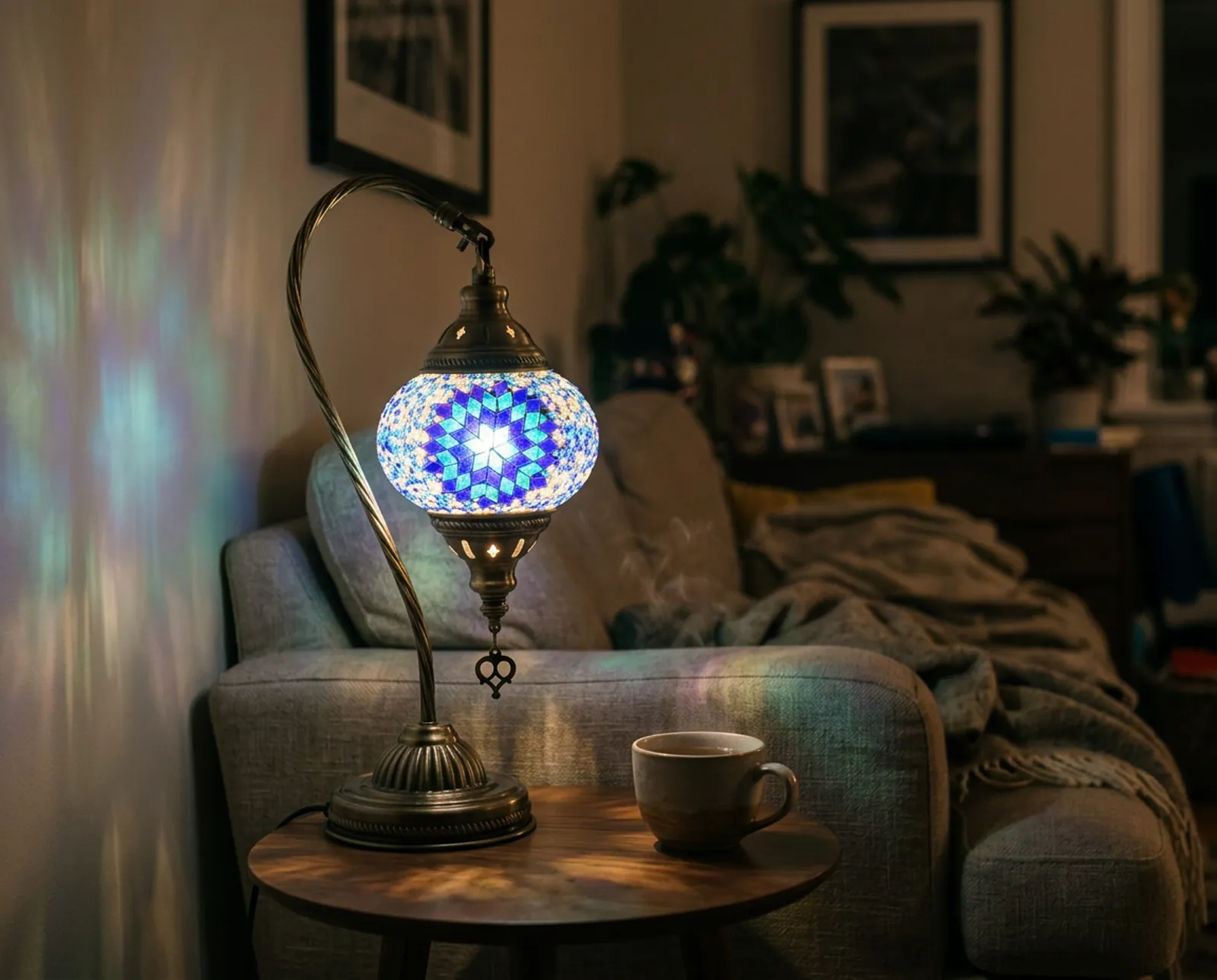 Small Swan Mosaic Lamp in Azure, by the sofa