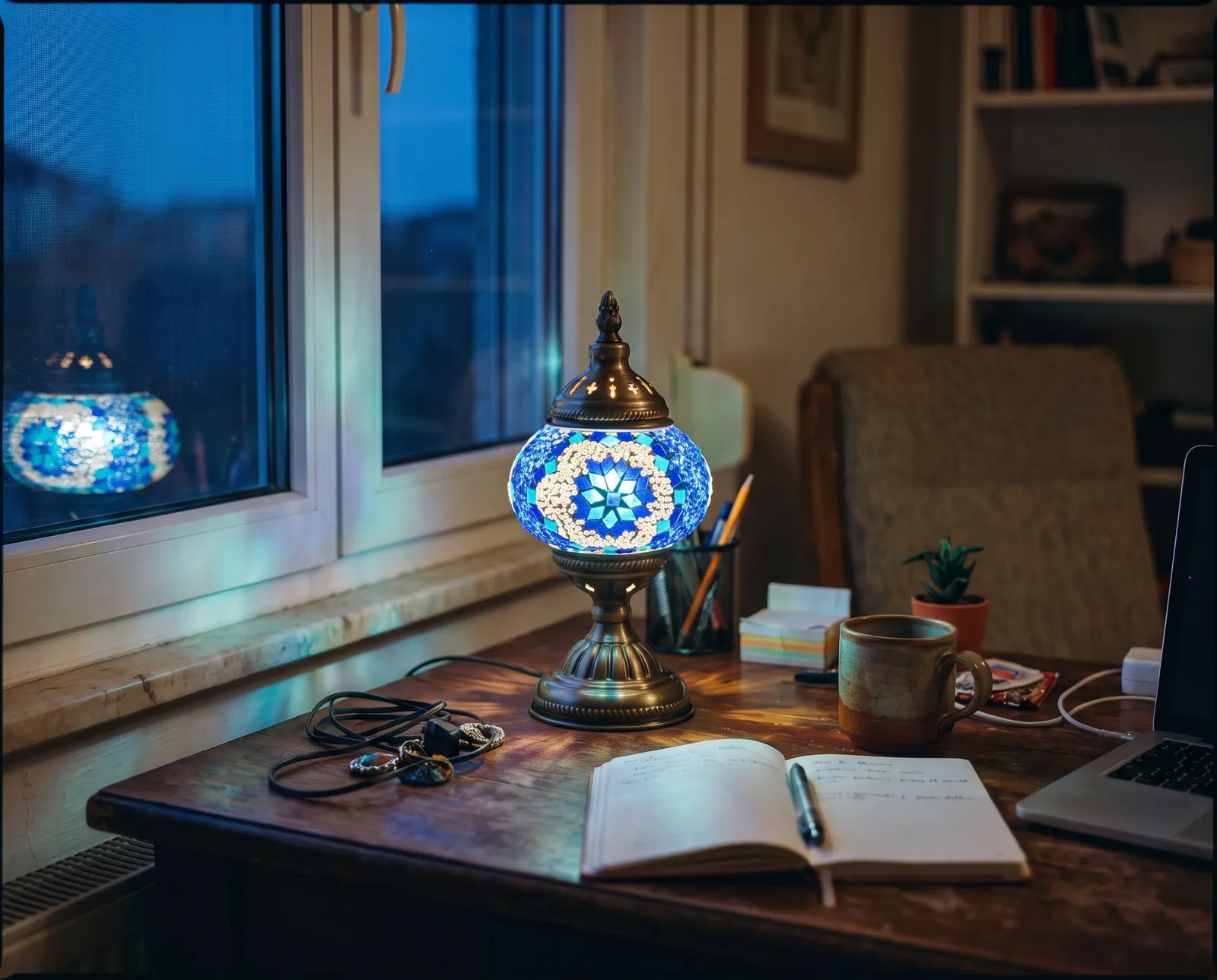 Tall Mosaic Lamp in Blue Sky, desk by the window