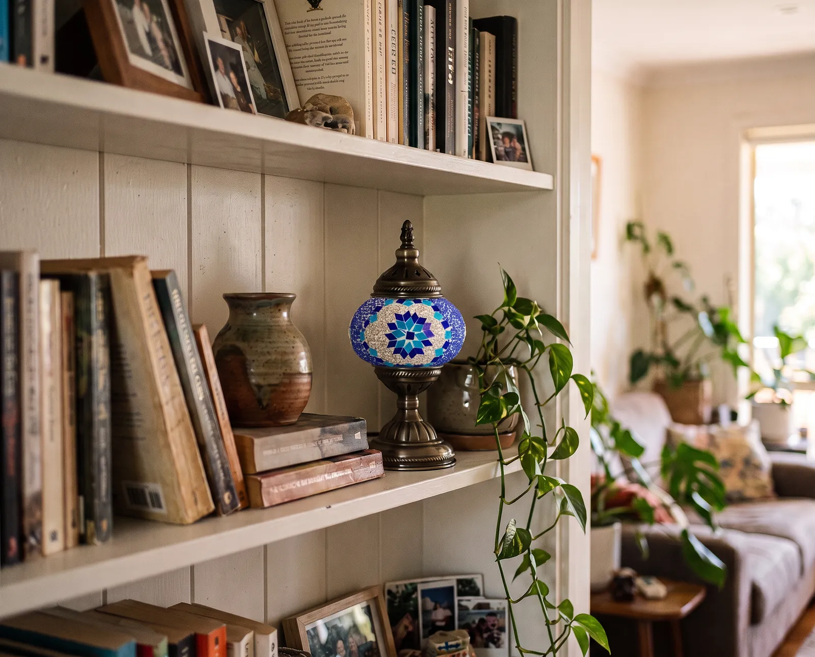 Tall Mosaic Lamp in Blue Sky, on the bookshelf