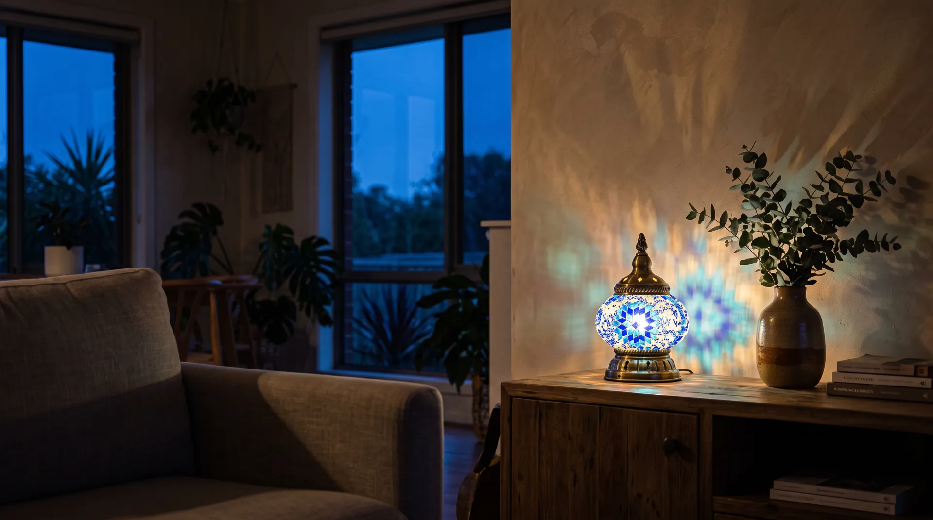 A finished mosaic lamp glowing on a sideboard at dusk