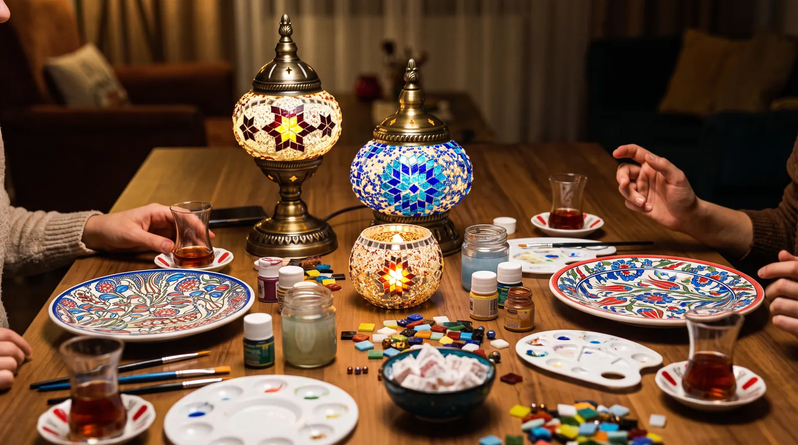 A table after a make-it night: glowing mosaic lamps, painted plates and tea glasses
