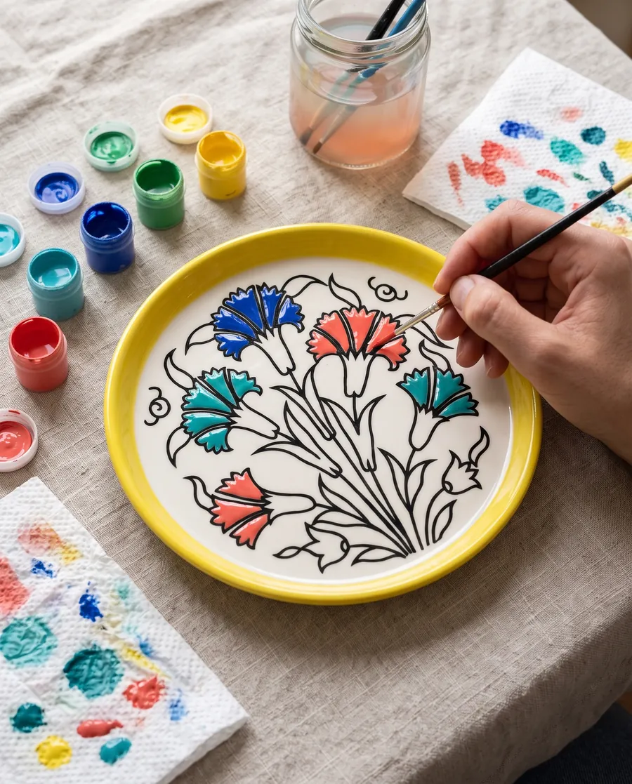 A hand painting the carnation pattern of the Sunrise Plate