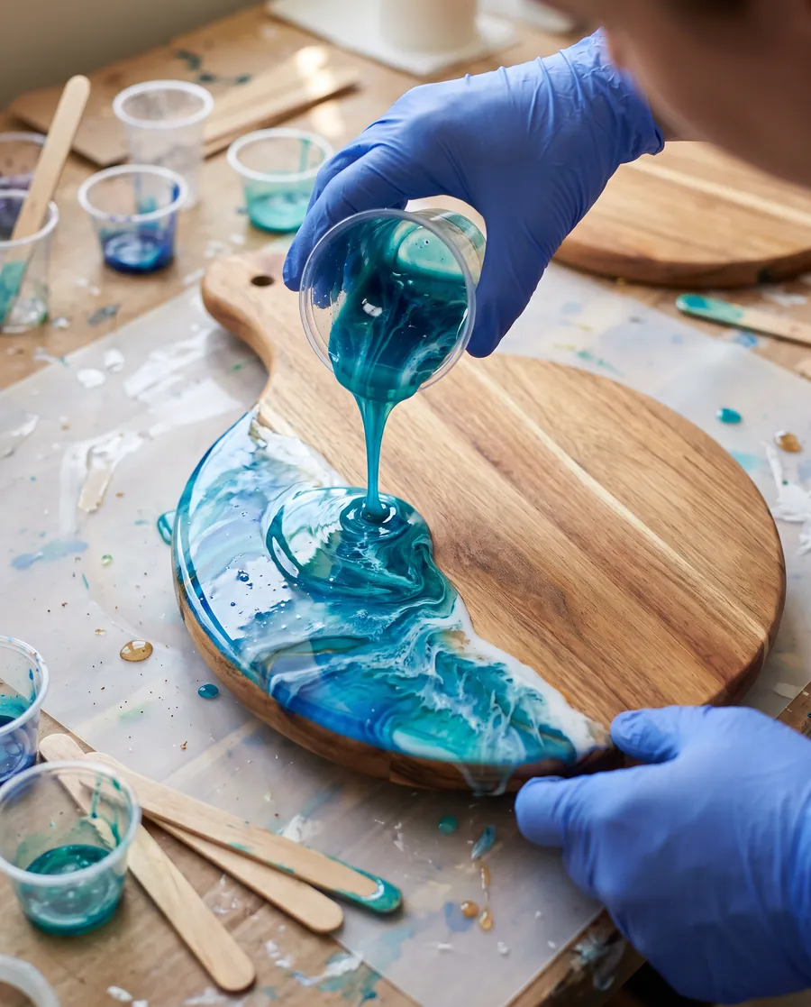 Gloved hands pouring turquoise resin onto a wooden cheese board