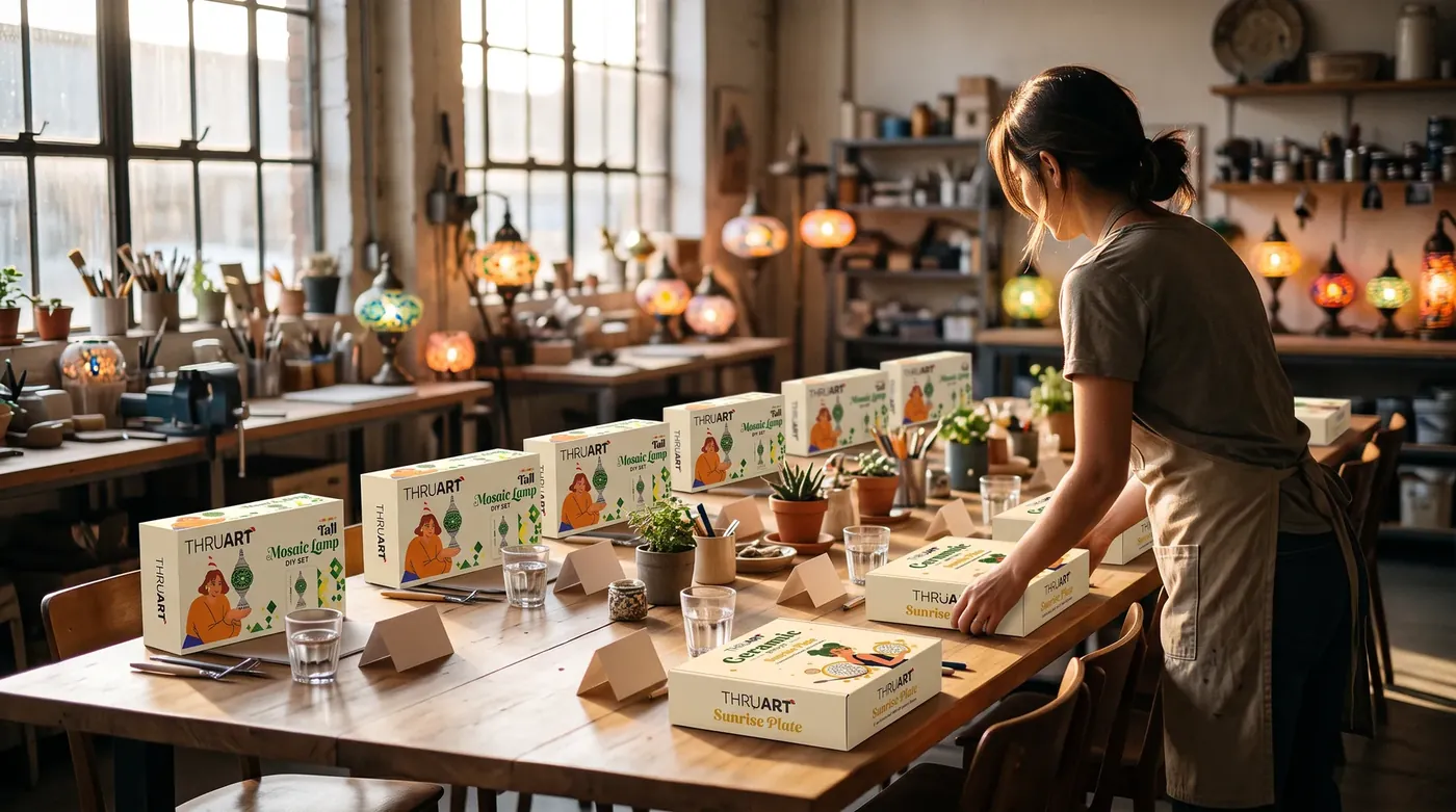 A host setting out one ThruArt kit per seat before a workshop