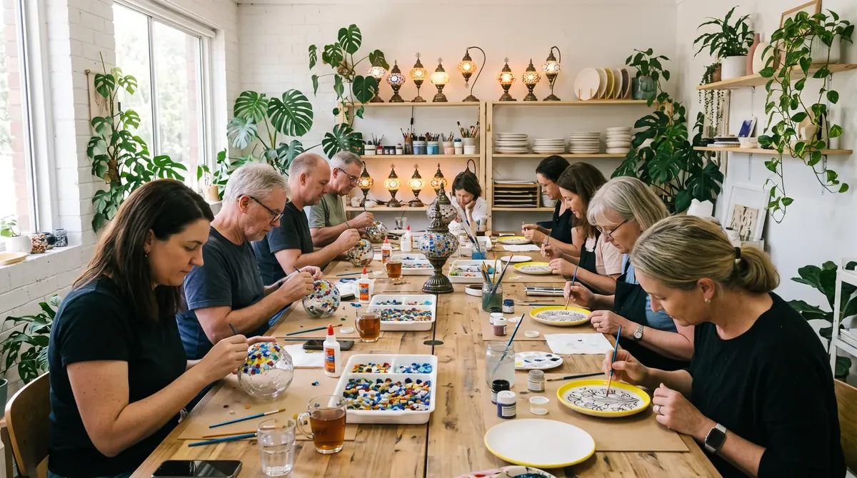 A workshop at a long table: people tiling lamps and painting plates
