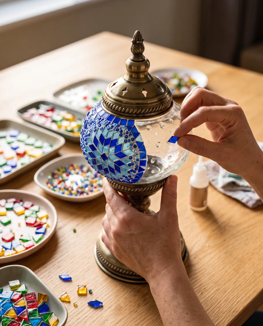 Hands pressing blue glass tiles onto the globe of a mosaic lamp