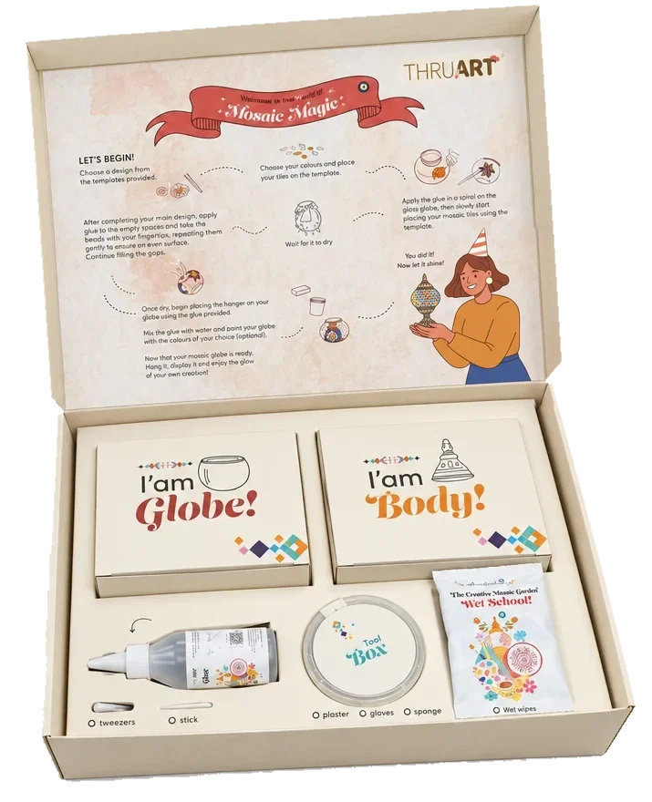 The VIP gift box, open: the guide inside the lid, the globe and body boxes, glue, tools and wet wipes